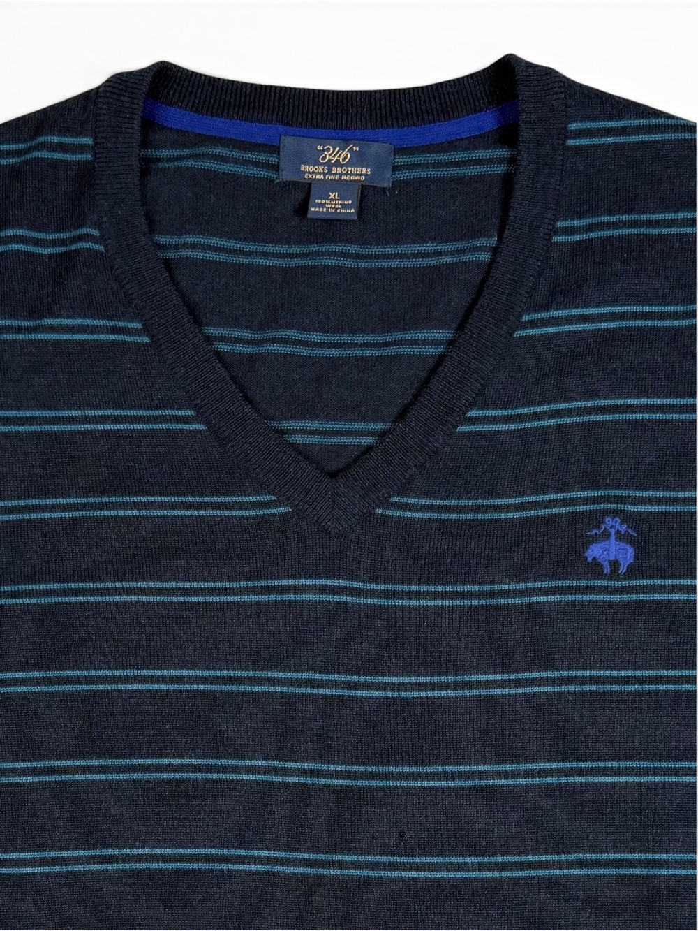 Brooks Brothers 346 Merino Wool Striped V-Neck Sweater XL